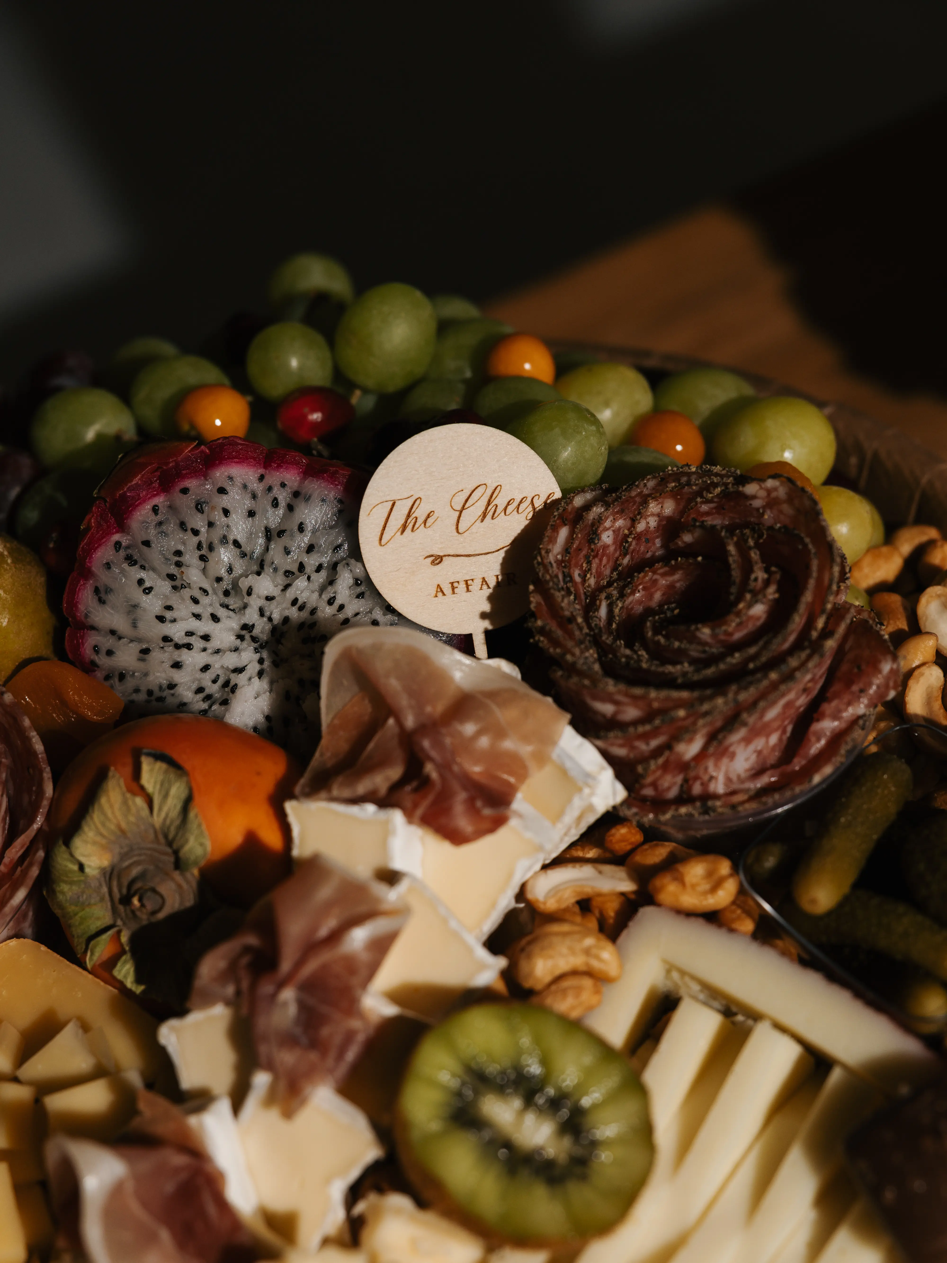 A luxury charcuterie detail image showing presentation and atmosphere